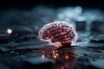 Futuristic Digital Brain Representation with Neural Connections and Data Visualization on Circuit Board Background