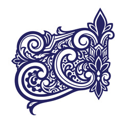 Elegant decorative floral swirls and flourishes design element in dark blue on white