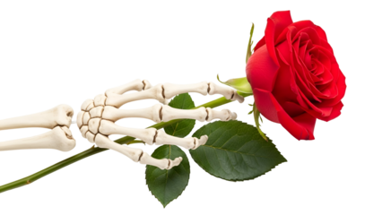 Skeletal Hand Holding Red Rose Against Black Background 1