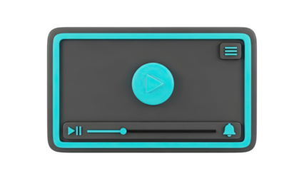 3D Media Player Interface with Play, Pause, Menu, and Bell Icons