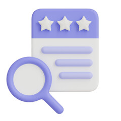 3D magnifying glass with a review document and three stars for search and quality evaluation.