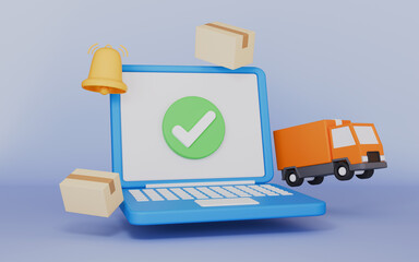 Truck coming out of laptop screen with parcel box and notification bell icon