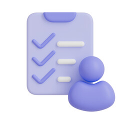 3D clipboard checklist icon with user profile, purple task management and survey concept.