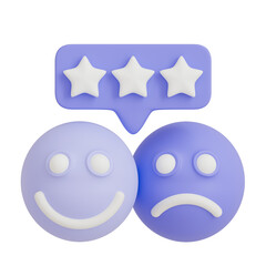 3D customer feedback icons with happy and sad faces and star ratings for service evaluation.