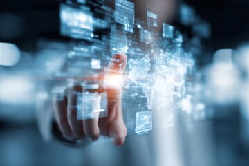 Person interacting with digital interface, showing technology, innovation, and connectivity concepts in a modern business environment