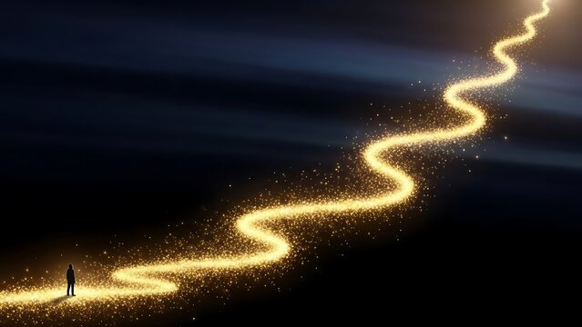 Person standing alone on a glowing golden path at night