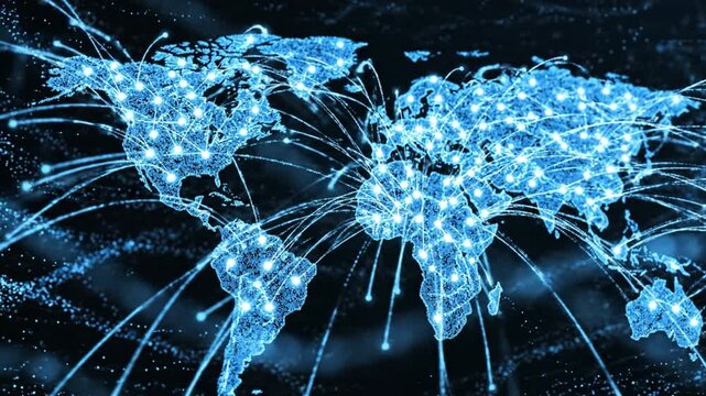 Digital global network map with glowing connection nodes linking continents blue data visualization abstract internet infrastructure and communication flow across world regions blue digital particle