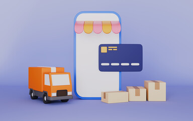 Online shopping featuring a delivery truck, Packages and credit card concept