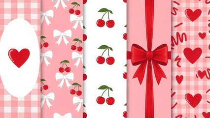 Valentines day seamless patterns with hearts and cherries