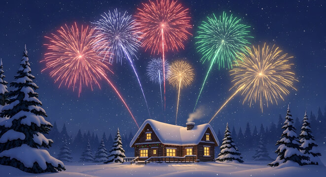 Cozy snow covered cabin under a vibrant fireworks display at night - Powered by Adobe