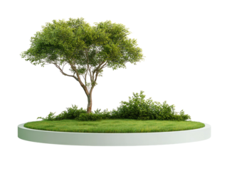 Single tree and bush on a circular grass platform against black backdrop