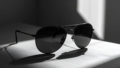 Black Aviator Sunglasses with Shadow Play on Textured Surface