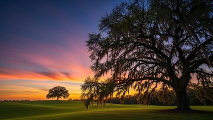 Naklejka premium Vibrant Sunset Over A Green Field With Majestic Oak Trees And Spanish Moss, Capturing A Peaceful Evening Scene.