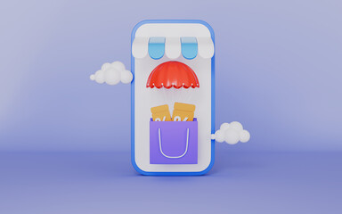 Mobile phones with awnings offer customers special discounts concept 3d illustration
