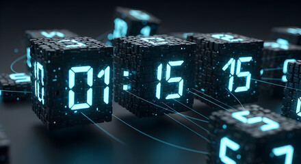Futuristic digital clock cubes displaying time in neon blue light