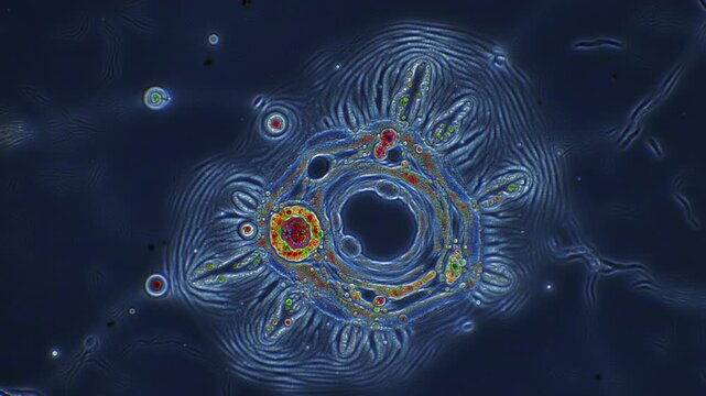 Microscopic blue and red circular structure with swirling lines on a dark background