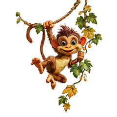 Adorable cartoon baby monkey hanging from vine with big eyes and cute friendly expression isolated on a white or transparent background