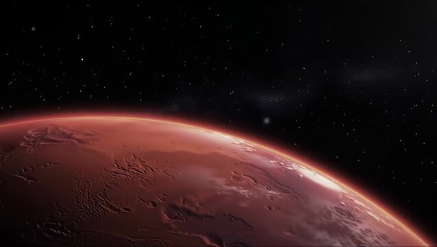 Orbiting Mars Planet in Outer Space with Stars and Nebula.