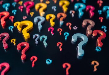 Abstract background of numerous question marks on a dark surface, mystery, dark background