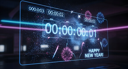 Digital countdown clock displays 00000001 with happy new year text and neon lights