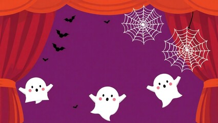 Spooky halloween scene with playful ghosts bats cobwebs and a stage curtain backdrop