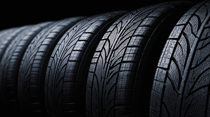 A row of new car tires, perfect for any vehicle, each with intricate tread patterns. They are ready to provide excellent grip and performance on the road.