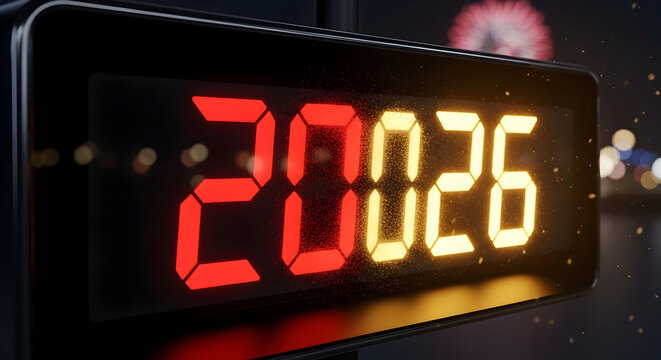 Digital display showing the year 20026 in red and yellow numbers with bokeh background - Powered by Adobe
