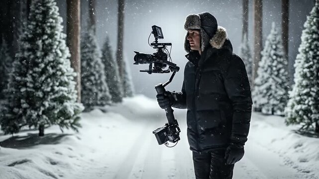 Man Wearing Winter Hat Holds Camera Stabilizer in Snowy Forest with Falling Snow and Tall Trees