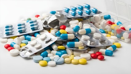 Colorful assortment of prescription and over-the-counter medications scattered on a white surface for healthcare concepts.
