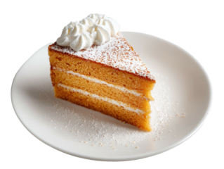 Triangular slice of orange cake, cream filling, topped with whipped cream