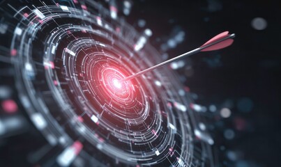 Achieving goals: arrow striking the heart of a glowing tech target.