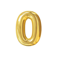 Number 0 gold balloon isolated on white background. Glossy zero 3D numeral for birthday, anniversary, celebration, luxury events, festive party decorations, and modern design concepts