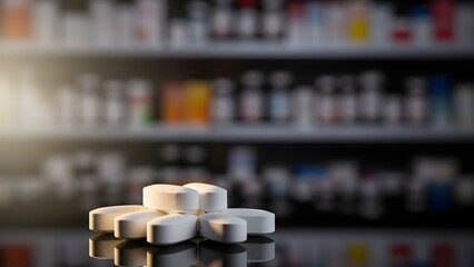 White pills arranged neatly on reflective surface with blurred pharmacy shelves in background.