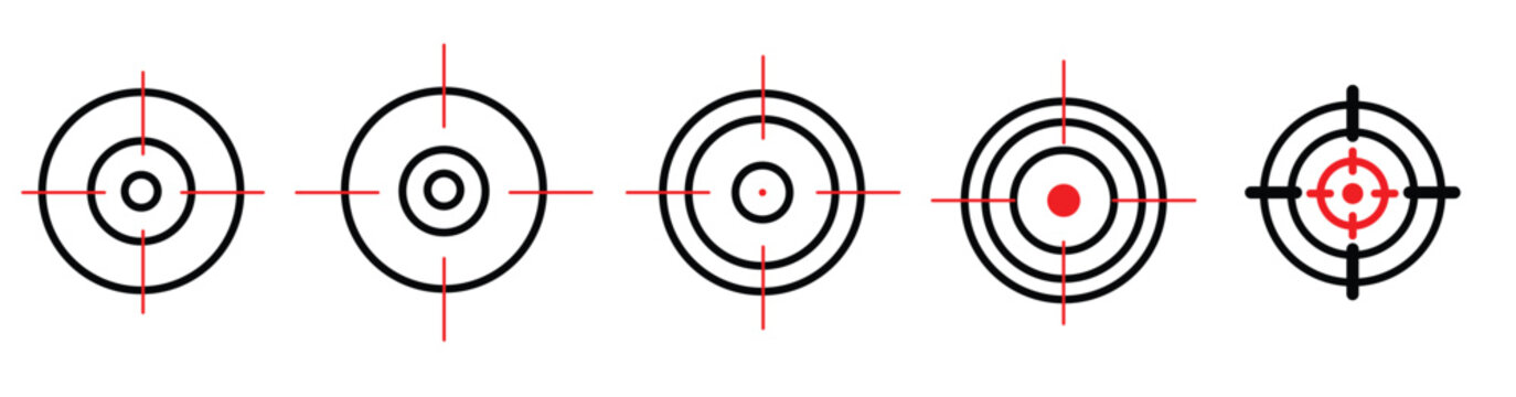 A graphic illustration of various target designs with concentric circles and crosshairs on a white background