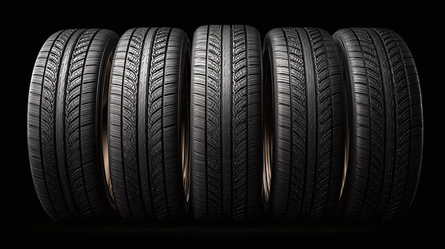 Five new car tires neatly aligned, ready for the road. The tires display their intricate tread patterns, representing grip and safety