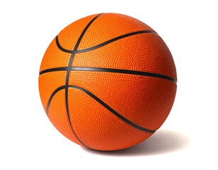 Fototapeta premium A close-up shot of a basketball against a white backdrop. The ball's orange leather surface is textured. Dark lines create iconic panels