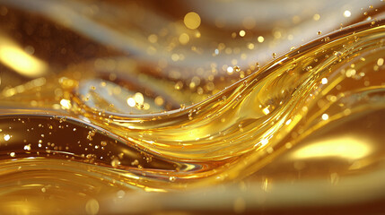 Abstract golden waves with shimmering particles, creating a sense of luxury and elegance. The dynamic curves and interplay of light and shadow enhance the image's captivating appeal
