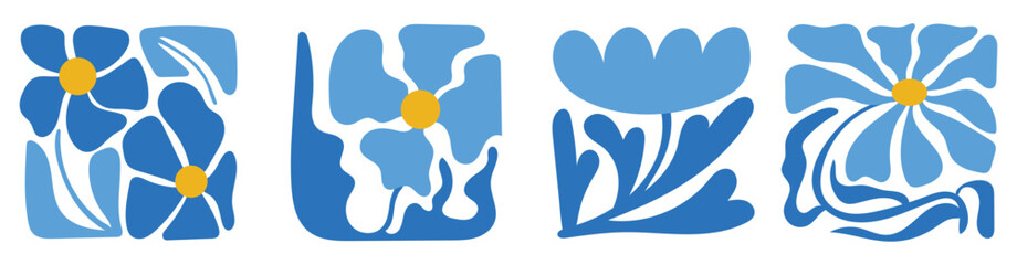 Blue Floral Tile Set in Modern Folk Art Style