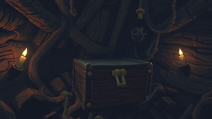 An ancient wooden treasure box resting in a pirate shipwreck's cargo hold, dim torch lighting and 8-bit texture detail