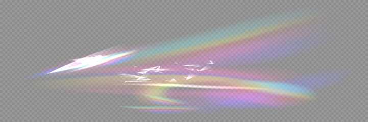Crystal rays of light, prism refraction, lens flare, crystal glass reflection effect. Prism vector, realistic light leak effect with spectral flare.