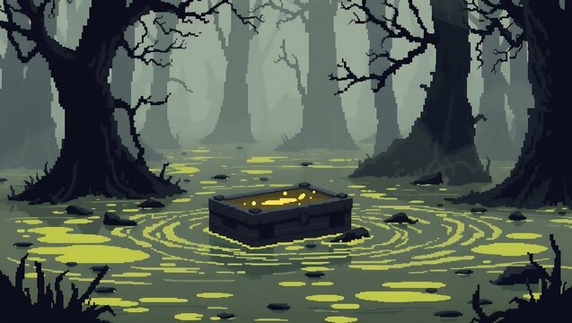 An eerie pixel swamp with a half-sunken treasure chest in murky glowing water, pixel fog effects