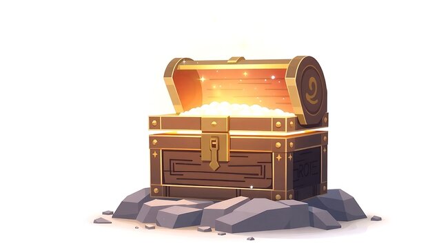 An enchanted 8-bit treasure chest radiating soft light with magical runes, sitting on a white background with pixel sparkles floating
