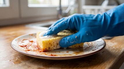 Macro lifestyle photograph of a hand in a blue rubber glove holding a yellow sponge mid-wipe on a kitchen surface with water droplets and food stains, emphasizing cleanliness.