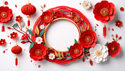 Vibrant Chinese New Year celebration illustration with firefly, minimalist design, red highlight, and white background