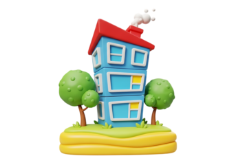 Cartoon house with trees, isolated on transparent background