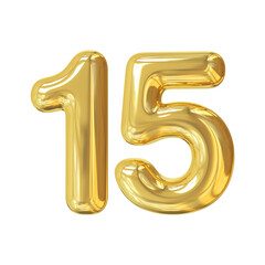 Number 15 gold balloon isolated on white background. Glossy fifteen 3D numeral for birthday, anniversary, celebration, luxury events, festive party decorations, and modern design concepts © Wiwi