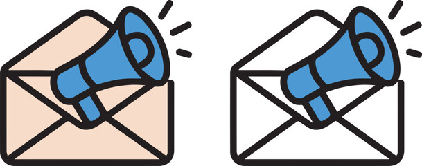 Email marketing announcement icon set with megaphone and envelope
