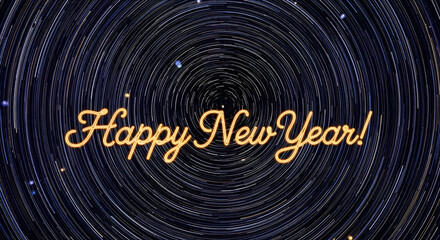 Golden happy new year text with a swirling starry background