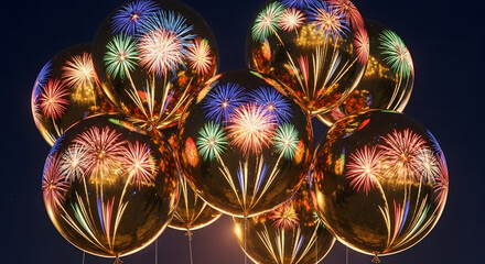 Golden balloons filled with colorful fireworks against a dark night sky