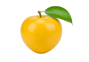 Bright yellow apple with leaf isolated on transparent background